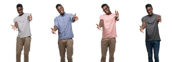 Kolaj Bir Afrikalı Amerikalı Adam Sarılmak Için Kollarını Açarak Gülümseyerek — Stok fotoğraf
