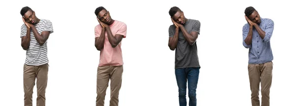 Collage Afroamerikanska Man Klädd Olika Outfits Som Sover Trött Drömmer — Stockfoto