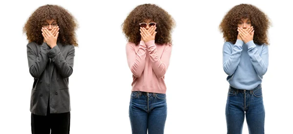 アフリカ系アメリカ人の若い女性ミスのため手で口を覆っているショックを受けてさまざまな衣装を身に着けています 秘密の概念 — ストック写真