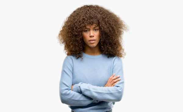 African American Vrouw Het Dragen Van Een Sweater Scepticus Nerveus — Stockfoto