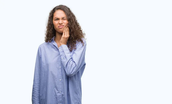 Young Hispanic Business Woman Touching Mouth Hand Painful Expression Because — Stock Photo, Image