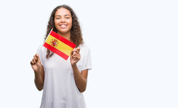 Jeune Femme Hispanique Tenant Drapeau Espagne Avec Visage Heureux Debout — Photo