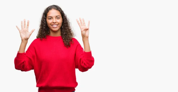 Young Hispanic Woman Wearing Red Sweater Showing Pointing Fingers Number — Stock Photo, Image