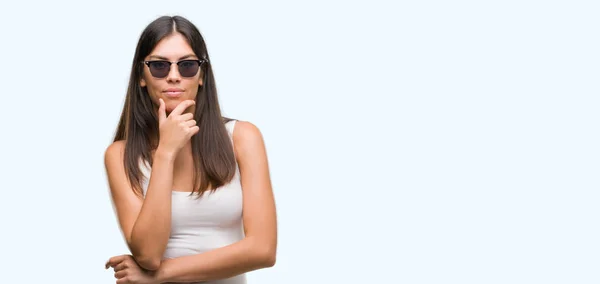 Young Beautiful Hispanic Wearing Sunglasses Looking Confident Camera Smile Crossed — Stock Photo, Image