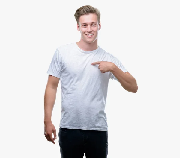 Young Handsome Blond Man Surprise Face Pointing Finger Himself — Stock Photo, Image