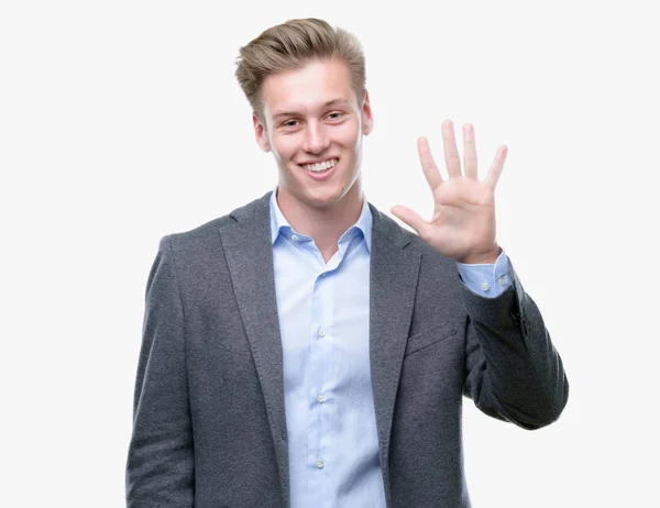 Ung Vacker Blond Affärsman Visar Och Pekar Uppåt Med Fingrar — Stockfoto