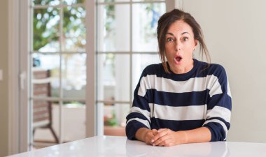 Orta yaşlı kadın bir sürpriz yüz, korkuyor ve heyecanlı korku ifadesi ile şok korkmuş