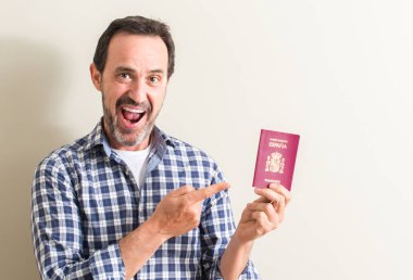 İspanyol pasaportu çok mutlu el ve parmak ile işaret tutan komuta sizde