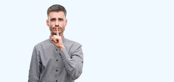 Young Hipster Man Asking Quiet Finger Lips Silence Secret Concept — Stock Photo, Image