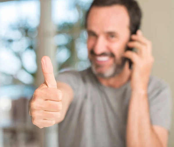 Middle Age Man Using Smartphone Happy Big Smile Doing Sign — Stock Photo, Image