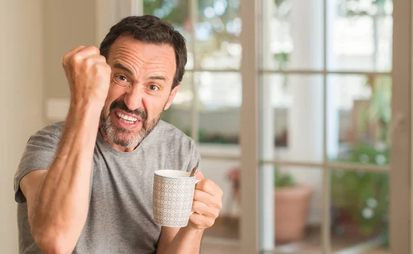 Middle Age Man Drinking Coffee Cup Annoyed Frustrated Shouting Anger — Stock Photo, Image