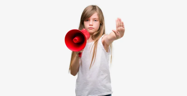 Young Blonde Toddler Holding Megaphone Open Hand Doing Stop Sign — Stock Photo, Image