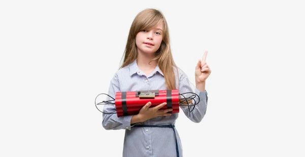 Young Blonde Child Holding Dynamite Bomb Very Happy Pointing Hand — Stock Photo, Image