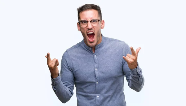 Handsome Young Elegant Man Wearing Glasses Shouting Crazy Expression Doing — Stock Photo, Image