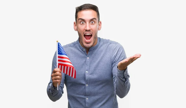 Handsome Young Man Holding Flag America Very Happy Excited Winner — Stock Photo, Image