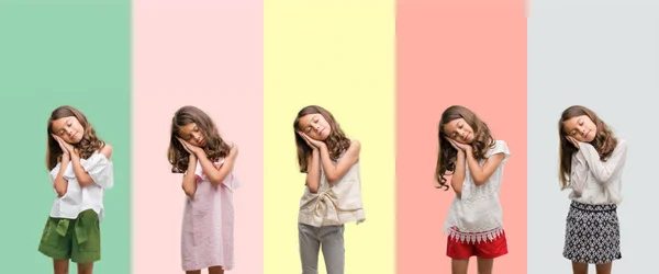 Collage Chica Hispana Morena Vistiendo Diferentes Trajes Durmiendo Cansada Soñando —  Fotos de Stock