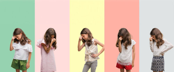 Collage of brunette hispanic girl wearing different outfits tired rubbing nose and eyes feeling fatigue and headache. Stress and frustration concept.