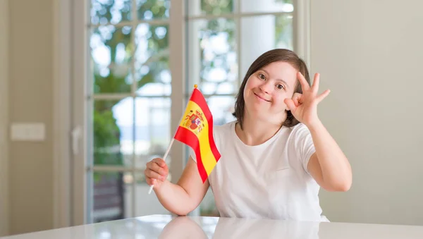 Syndrome Woman Home Holding Flag Spain Doing Sign Fingers Excellent — Stock Photo, Image