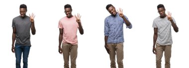 Kolaj gösterilen ve parmakları ile işaret farklı kıyafetler giyen Afrikalı-Amerikalı adam kendinden emin ve mutlu gülümseyerek süre dört numara.