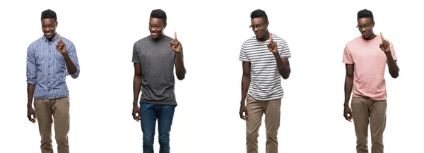 Collage Eines Afrikanisch Amerikanischen Mannes Verschiedenen Outfits Der Mit Finger — Stockfoto