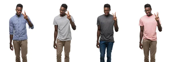 Коллаж Африканского Американца Одетого Разные Наряды Показывающего Пальцами Номер Три — стоковое фото
