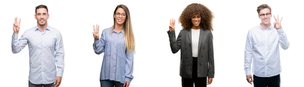 Team Van Zakenlieden Vrouwen Tonen Met Vingers Omhoog Nummer Drie — Stockfoto