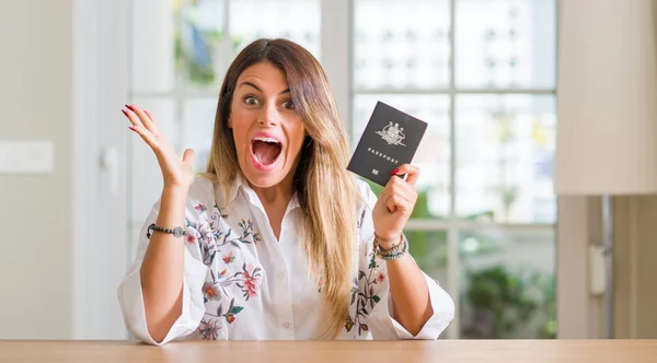 Young Woman Home Holding Passport Australia Very Happy Excited Winner — Stock Photo, Image