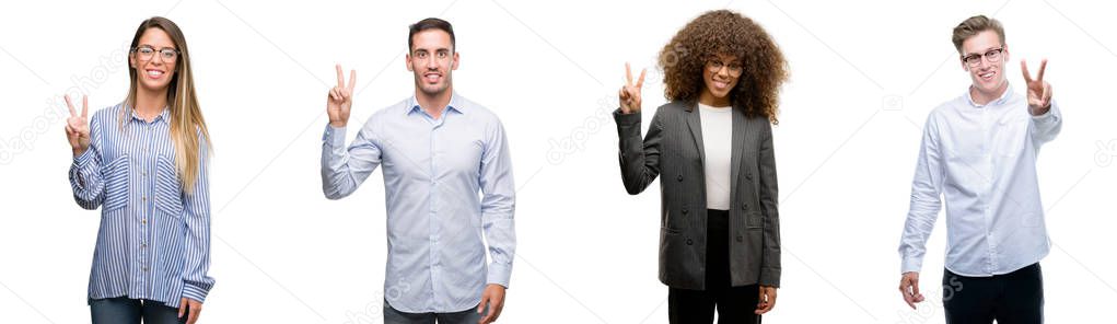 Team of business men and women showing and pointing up with fingers number two while smiling confident and happy.