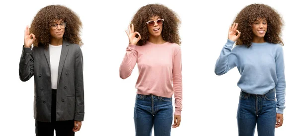 Jovem Afro Americana Vestindo Roupas Diferentes Sorrindo Positivo Fazendo Sinal — Fotografia de Stock