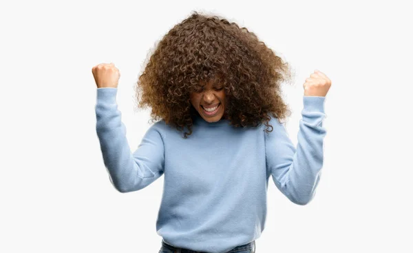 African American Woman Wearing Sweater Very Happy Excited Doing Winner — Stock Photo, Image