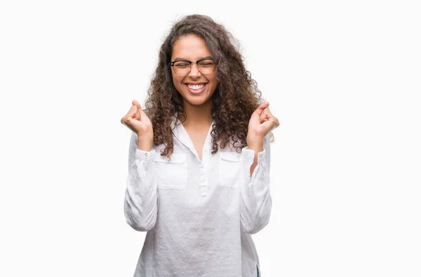 Beautiful Young Hispanic Woman Excited Success Arms Raised Celebrating Victory — Stock Photo, Image