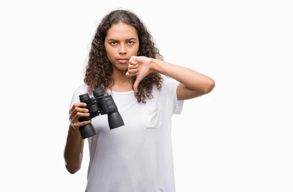 Young Hispanic Woman Looking Binoculars Angry Face Negative Sign Showing — Stock Photo, Image