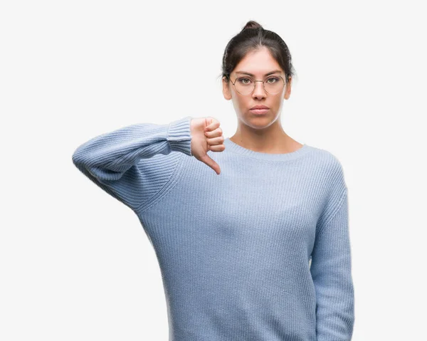 Young Beautiful Hispanic Woman Wearing Bun Angry Face Negative Sign — Stock Photo, Image