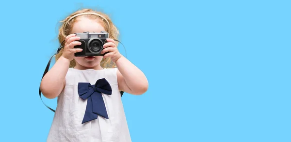 Beautiful Blonde Toddler Taking Pictures Vintage Camera — Stock Photo, Image