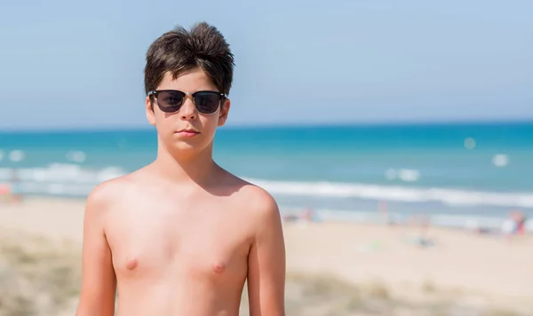 Young Child Holidays Beach Confident Expression Smart Face Thinking Serious — Stock Photo, Image