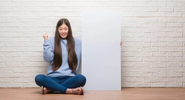 Young Chinese Woman White Brick Wall Sticking Tongue Out Happy — Stock Photo, Image