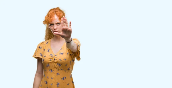 Young Redhead Woman Doing Stop Sing Palm Hand Warning Expression — Stock Photo, Image