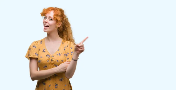 Young Redhead Woman Big Smile Face Pointing Hand Finger Side — Stock Photo, Image