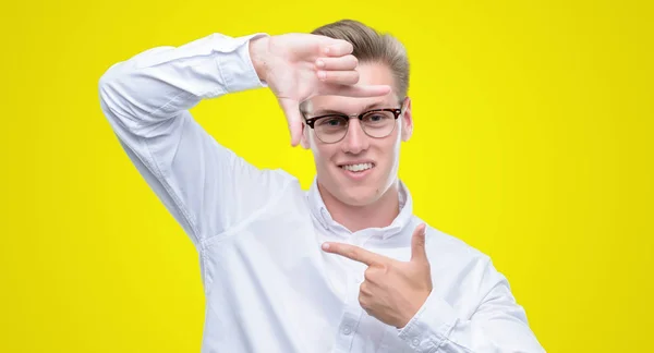 Young Handsome Blond Man Smiling Making Frame Hands Fingers Happy — Stock Photo, Image
