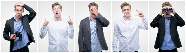 Collage Eines Hübschen Blonden Mannes Der Verschiedene Outfits Trägt — Stockfoto
