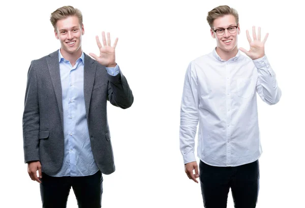 Молодий Красивий Блондин Бізнесмен Різних Вбраннях Показуючи Вказуючи Пальцями Номер — стокове фото