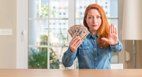 Redhead Woman Holding Dollar Bank Notes Home Open Hand Doing — Stock Photo, Image