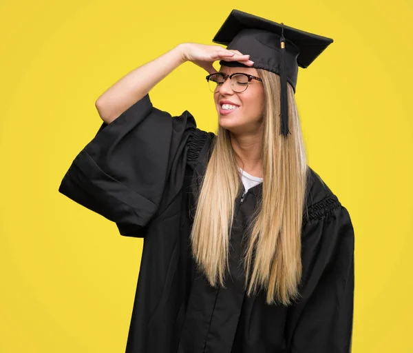 Beautiful Young Woman Wearing Glasses Graduation Robe Stressed Hand Head — Stock Photo, Image