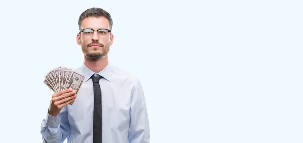 Jonge Hipster Zakenman Dollars Met Een Vertrouwen Meningsuiting Houdt Slimme — Stockfoto