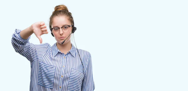 Young Blonde Call Center Operator Woman Angry Face Negative Sign — Stock Photo, Image