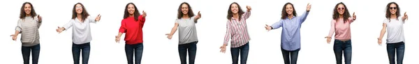 Composition Young Brazilian Woman Isolated White Background Looking Camera Smiling — Stock Photo, Image