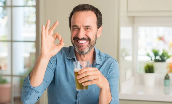Middle Age Man Drinking Beer Doing Sign Fingers Excellent Symbol — Stock Photo, Image