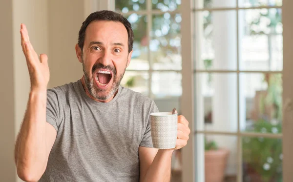 Middle Age Man Drinking Coffee Cup Very Happy Excited Winner — Stock Photo, Image