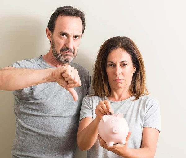 Middle Age Couple Woman Man Holding Piggy Bank Angry Face — Stock Photo, Image