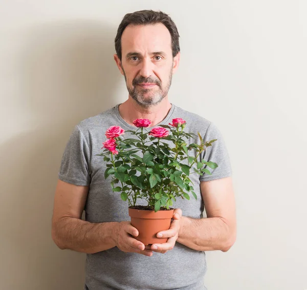 Senior man holding roses flowers on pot with a confident expression on smart face thinking serious